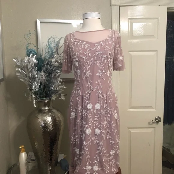 Adrianna Papell Beaded Flutter-Sleeve Sheath Dress - Pink Adrianna Papell Beaded Flutter-Sleeve Sheath Dress - Pink